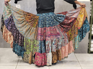 Falda de seda estilo sari para mujer, amplia, acampanada, bohemia, con patchwork, hasta el tobillo, transpirable, con grandes capas redondas, para danza del vientre - Product Image 5
