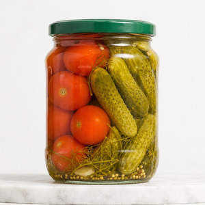 Top Selling Delicious Wholesale Price <b>Pickled</b> Assorty Cucumber and Tomato in Vinegar Packed in 500ml Mason <b>Jar</b> - Product Image 1