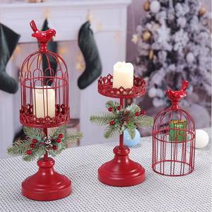 Juego de tres portavelas metálicos rojos de estilo jaula de pájaros para decoración navideña, mesa de comedor, sala de estar y eventos. - Product Image 1