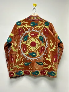 Chaqueta Bohemia de Terciopelo Marrón con Bordado Floral Suzani, Cuello Mandarín, Manga Larga, Ropa Exterior de Otoño para Mujer - Product Image 3