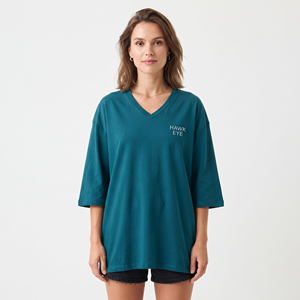 T-shirt en coton surdimensionné à col en V pour femme, manches trois quarts, respirant, décontracté, personnalisable avec impression et broderie, vente en gros - Product Image 5