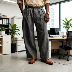 OEM Custom Men's Loose Elegant Straight-Leg Casual Trousers Classic Linen Blend Pleated Wide Leg Formal Suit Pants for Men - Product Image 6