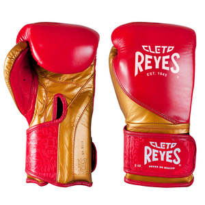 Gants de boxe professionnels RTS Cleto Reyes rouge/or, en cuir véritable, pour entraînement, fermeture auto-agrippante - Product Image 1