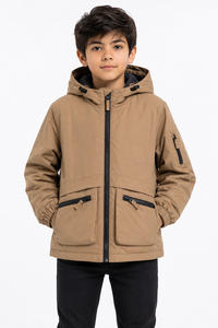 Veste d'hiver à capuche pour garçons Livster, marron kaki, fermeture éclair intégrale, coupe-vent d'extérieur, plusieurs poches zippées, veste décontractée chaude pour enfants - Product Image 1