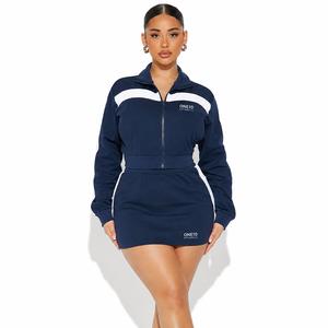 ONE10 APPARELS <b>Women's</b> 2-Piece Sporty Set <b>Navy</b> <b>Blue</b> Knitted Crop Shorts Full Sleeve Strapless High Stretch Breathable Spandex - Product Image 1