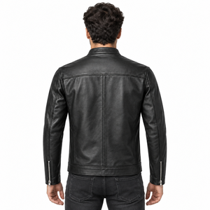 Veste noire Café Racer pour homme avec col à boutons-pression, quatre poches zippées, manches à empiècements, poignets zippés et style motard classique - Product Image 4