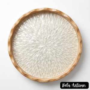 Plateau rond artisanal en bois de papdi avec incrustation florale en nacre, plateau décoratif pour servir des en-cas, pour mariage, Diwali - Product Image 2