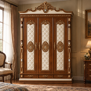 Ornate Traditional 3 Door Wooden <b>Wardrobe</b> with Gold Accents and Padded Panels for <b>Bedroom</b> Furniture From Indonesia - Product Image 1