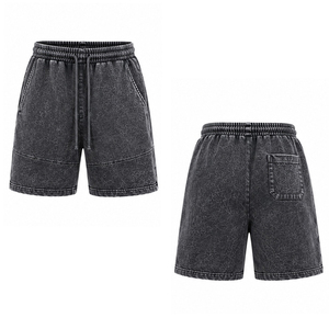 Men's 100% Cotton Solid Acid Washed French Terry Fleece Eco-Friendly Anti-UV Quick Dry Sweat Shorts Sun Faded Raw Edges <b>Spray</b> - Product Image 5
