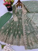Robe Anarkali en Soie Verte avec Broderie Dorée, Coupe Ajustée Traditionnelle, Infroissable, Évasée, Longueur Ras du Sol, Tenue Ethnique pour Femme, Mariage