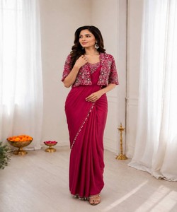 Sari listo para usar para mujer con chaqueta bordada, seda color granate, ropa étnica tradicional india para bodas y fiestas 82846 BB-59 - Product Image 1