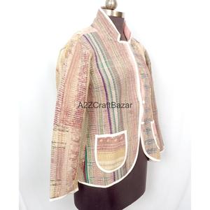 Unisex Handmade <b>Kantha</b> <b>Jacket</b> in Hot Pink Denim Style Cotton Quilted Full Sleeve Winter <b>Jacket</b> for Autumn & Spring Party Wear - Product Image 2