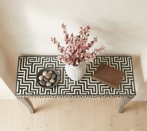 Modern <b>Black</b> and White Bone Inlay <b>Console</b> Table with Glass Top Decorative Design Mango Wood Living Room Furniture - Product Image 3