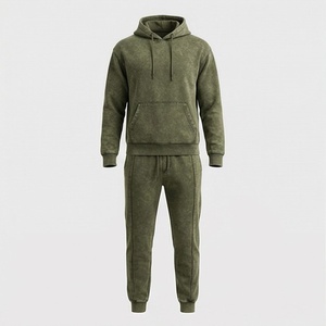 Conjunto Deportivo con Capucha para Hombre, Color Verde Oliva, Sudadera y Pantalones Deportivos de Algodón de Color Sólido con Cierre de Cordón - Product Image 1