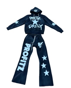 Ensemble de sweat à capuche zippé brodé surdimensionné pour hommes pantalon de survêtement évasé lavé à l'acide lourd imprimé de grande taille vieilli - Product Image 5