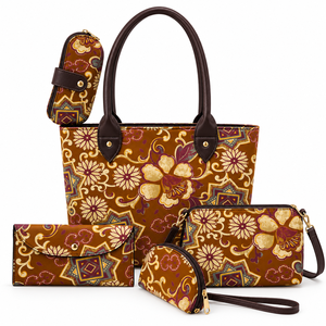 Ensemble de sacs fourre-tout pliables en coton réutilisables, écologiques, à motifs floraux bohèmes, avec pochettes et portefeuille assortis pour un usage quotidien - Product Image 3