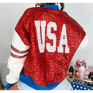 American Flag <b>Sequin</b> Bomber <b>Jacket</b> with Faux Leather Sleeves USA Bonded Processing - Product Image 6