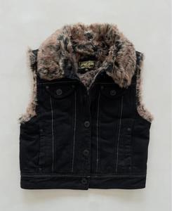 Gilet court en jean noir pour femme Litmus |   Veste sans manches à col garni de fausse fourrure |   Gilet de créateur respirant style streetwear - Product Image 2