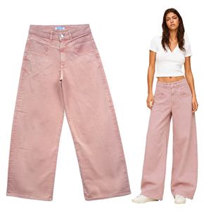 กางเกงยีนส์ทรงตรงเอวสูงสไตล์ Y2K สำหรับผู้หญิง ย้อมสีแบบ Garment Dyed จับจีบด้านหน้า มีกระเป๋าและตะเข็บตกแต่ง - Product Image 1