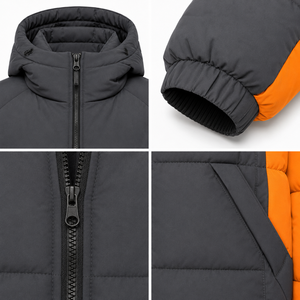 High Quality Winter Puffer <b>Jacket</b> Contemporary Color Blocking Heavy Insulation Custom PVC Patch Zippered Hand Pockets Outerwear - Product Image 4