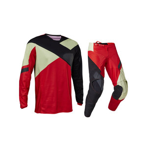 Ensemble maillot et pantalon de motocross en toile rouge, noir et verte, à blocs de couleur, manches longues, unisexe, équipement de protection pour la conduite tout-terrain - Product Image 1