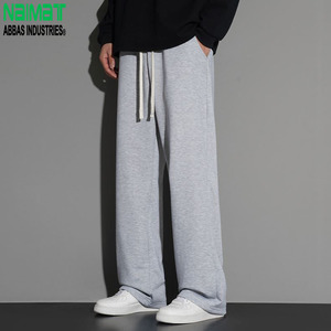 Men Casual Sweatpants Gray Elastic Waist Drawstring Closure Side Pockets Breathable Knitted Cotton Autumn Wear - Product Image 1