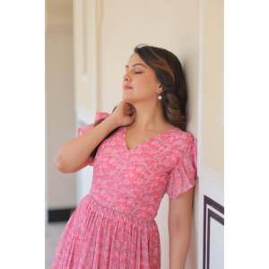 Faux Georgette Floral Print Flared Evening Gown - Product Image 5