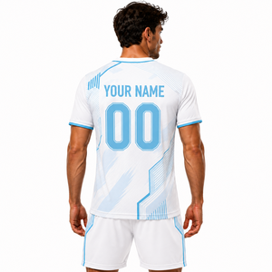 Conjunto de Camiseta de Fútbol Personalizada para Hombre, Blanca y Azul con Estampado Geométrico, Impresión por Transferencia de Calor, 100% Poliéster, Absorbe la Humedad, Corte Atlético - Product Image 2