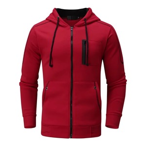 Men's Red Hooded Zip-Up Sweatshirt With <b>Black</b> Jogger <b>Pants</b> Casual Tracksuit Set Solid Color Full Sleeve Autumn Wear - Product Image 2