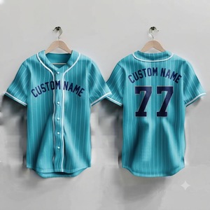 Teal <b>Navy</b> Blue Pinstripe Custom Baseball Jersey Men's Button Up Breathable Sports Uniform Team Apparel Sublimated Wholesale - Product Image 1
