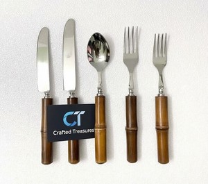 Juego de cubiertos de bambú estilo vintage de 5 piezas con cubiertos de acero inoxidable 18/8 para catering, bodas y cenas. - Product Image 5