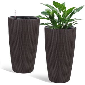 Grand pot de fleurs moderne en plastique marron de 22.5 pouces pour intérieur/extérieur Système d'arrosage automatique Design imitation rotin Lot de 2 pour - Product Image 1