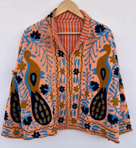 Suzani TNT Cotton <b>Quilted</b> Windproof Regular <b>Jacket</b> | Embroidered Floral Winter/Spring/Autumn Travel Festival Style Outerwear | - Product Image 1