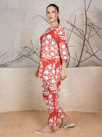 Ensemble coordonné pour femmes, haut en coton à imprimé floral rouge et blanc, col en V, décontracté, pour le printemps et l'été, tunique à imprimé damassé floral, pantalon