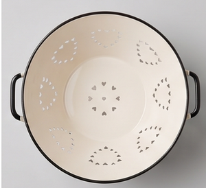 Modern White Enamel Colander With Heart Cutouts And Black Handles Durable Kitchen Strainer For <b>Vegetables</b> And Pasta - Product Image 3