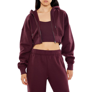 Sudadera con capucha para mujer, corta, con cremallera frontal, oversize, de forro polar, manga larga, color liso, hombros caídos, de algodón tejido, informal de invierno - Product Image 4
