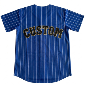 Maillot de baseball personnalisé à rayures bleues, nom et numéro d'équipe personnalisés, respirant, manches courtes, col en V, coupe athlétique, entièrement boutonné. - Product Image 2