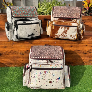 Tas ransel Laptop hadiah mandi bayi baru tas popok uniseks pola kulit sapi pirus Barat rambut pada tas popok kulit - Product Image 4