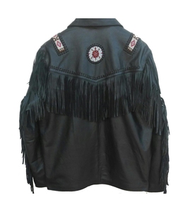 Veste en cuir véritable noire personnalisée en gros, style western, avec franges, perles et pompons, pour cowboy, rodéo et ranch - Product Image 4