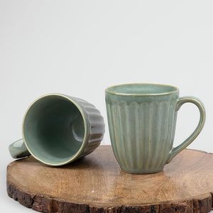 Groovy Green Ribbed Ceramic Coffee <b>Mug</b> Set of 2 Microwave Safe <b>Tea</b> <b>Mug</b> with Creative Tray Unique Pattern Milk <b>Mugs</b> - Product Image 3