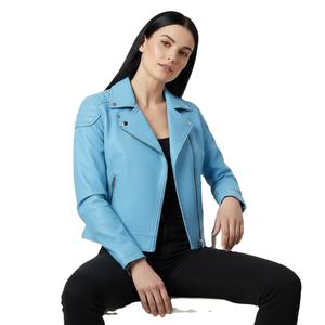 Veste de motard en cuir bleu ciel pour femmes en gros, veste en cuir véritable de style moto personnalisée, manteau pour femmes en cuir véritable, usage quotidien, approvisionnement en vrac - Product Image 1