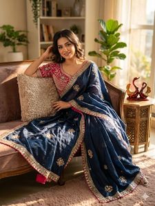 Sari en satin Fendy au design exclusif, chemisier élégant, tenue ethnique chic et tendance, dernière mode indienne, vêtement de fête modeste pour femme - Product Image 5