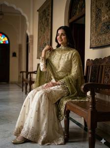 Ensemble Kurta et pantalon traditionnel indien pakistanais pour femmes, avec dupatta vert, coupe ample, longueur au sol, tenue de mariage - Product Image 4