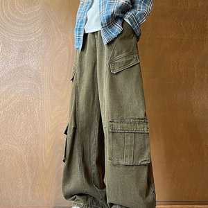 Pantalon cargo en toile délavée pour homme, taille élastique, plusieurs poches, coupe large, style workwear, respirant, poids moyen - Product Image 4