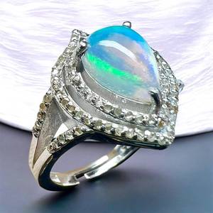 Natural Ethiopian Opal Gemstone with Single Cut Diamond 925 Sterling <b>Silver</b> Rhodium Plated Minimalist Cocktail <b>Ring</b> - Product Image 2
