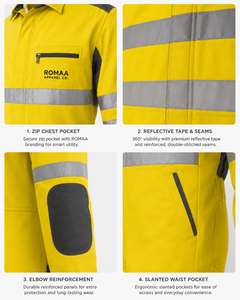 Fluorescent Yellow Charcoal Grey Reflective Industrial <b>Work</b> Coverall with Reinforced Elbows Chest Zip Pocket and Safety Tape - Product Image 3