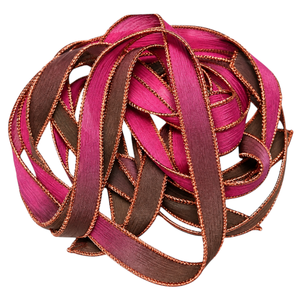 Ruban plat en soie de mûrier 100% pure Y S INTERNATIONAL, bicolore, rose magenta, marron chocolat, bordure couleur cuivre, design de créateur - Product Image 1