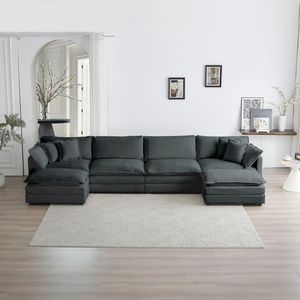 Divano Sezionale a U Grande Reversibile con Chaise Longue, Comodo, con Doppi Pouf Extra, in Ciniglia Grigia, Modulare per Soggiorno - Product Image 2