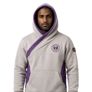 Hoodie asymétrique croisé personnalisé bicolore violet en polaire matelassé avec panneaux latéraux en losanges, style streetwear - Product Image 3