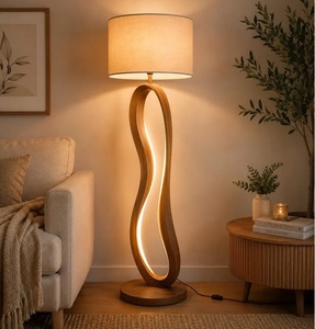 Modern Sculptural Wooden Floor Lamp with Warm LED Light, Linen Shade and Inline Switch - Product Image 1